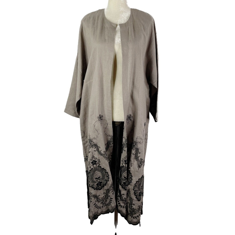 Eskandar Linen Jacket Size 0 Taupe Duster Long Open Front Embroidered Lagenlook